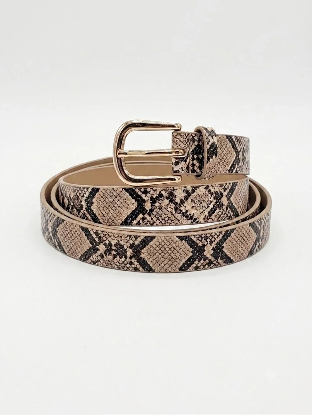 Steve Madden Beige and Black Snake-Print Belt with Gold Buckle